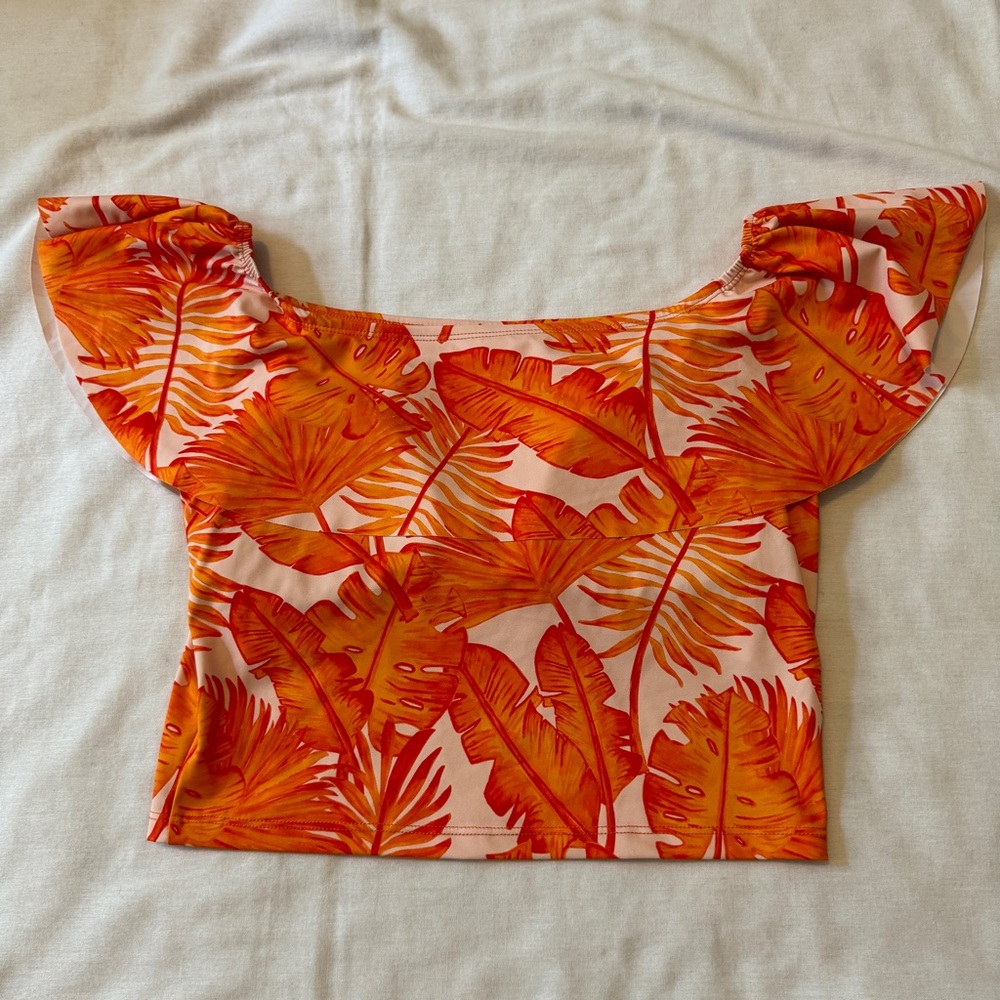 Kortni Jeane Small Orange Tropical Floral Ruffled Off Shoulder Swim Tankini Top